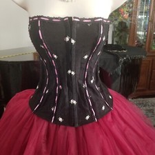 Fredericks of Hollywood Black Satin Lace Rosettes Corset Tea Length Tulle Skirt