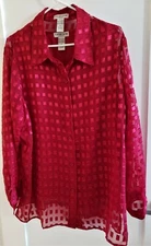 Notations 2 Pc Red Blouse Set Semi Sheer Satin Block Button Down & Tank Size 1X 
