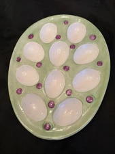 10" Ceramic Easter Egg Plate Tray Deviled Egg Serving Platter Green & Purple
