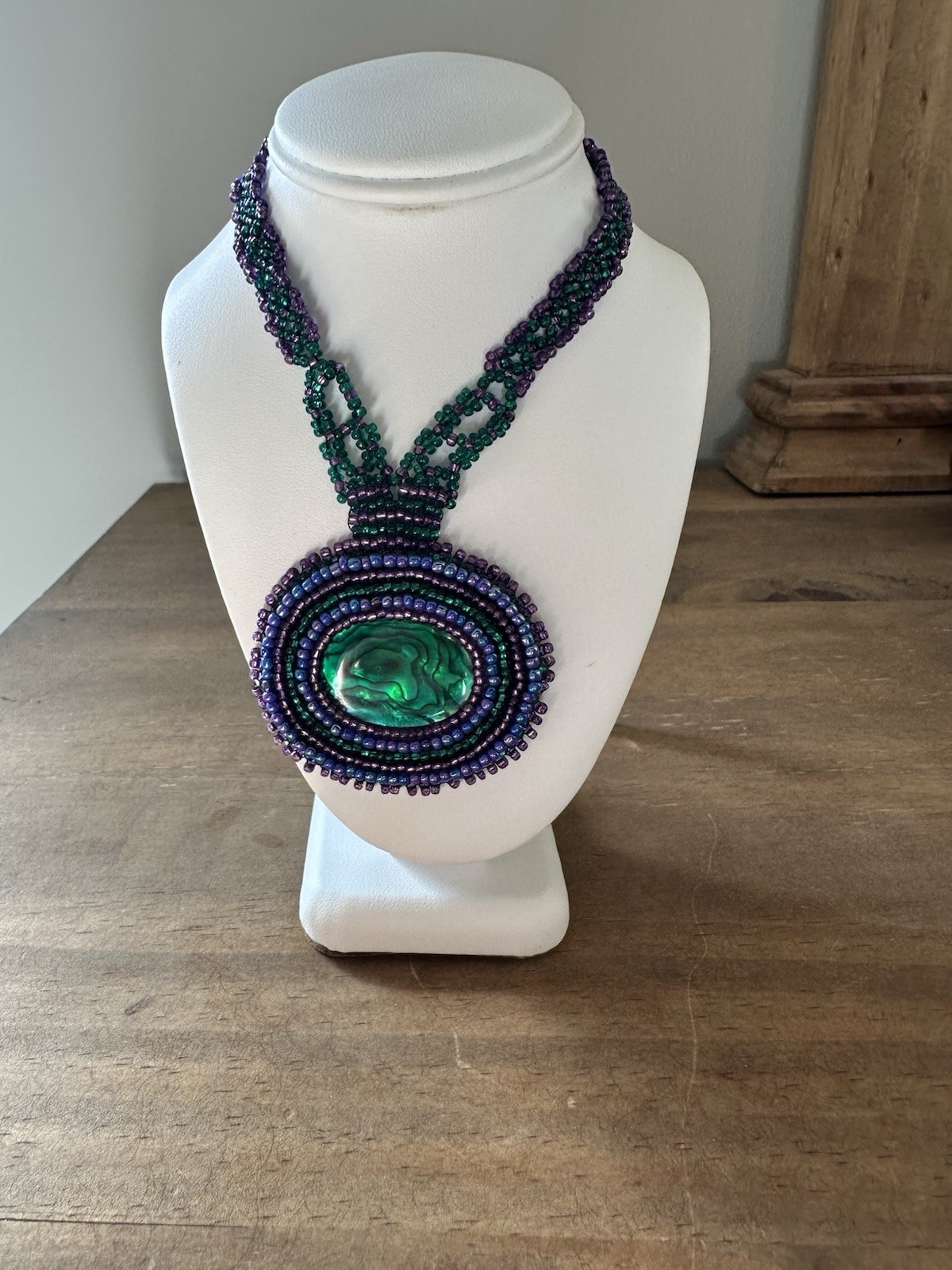 Boho Style Green Center Purple Seed Bead Hand Made Necklace