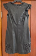 Black Leather Ruffle Cap Sleeve Mini Dress Flower Detail Small