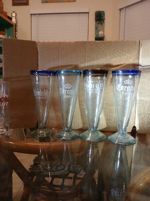 Modelo Corona Pacifico hand blown Mexican Beer Glasses,  Set of 4 Breweriana