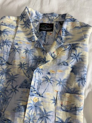 Greg Norman Collection Men's Hawaiian Shirt Blue Short Sleeve Linen Medium EUC