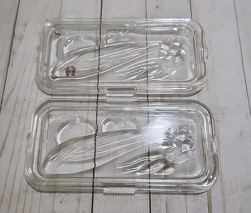 2 VTG Federal Glass Clear Refrigerator Dish Lids LID ONLY Embossed Vegetable 8x4