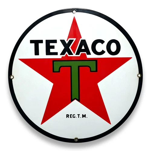 TEXACO - VINTAGE ANDE ROONEY PORCELAIN ENAMELED ADVERTISING SIGN - 11" DIA
