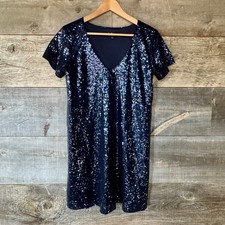 Lulus Light Up the Night Sequin Shift Dress S Navy V-Neck Mini New Years Holiday