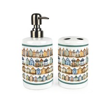 Beach Huts Bathroom Set - Coastal Ceramic Soap Bottle & Toothbrush Holder
