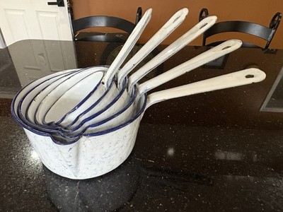 SNOW ON THE MOUNTAIN Vintage Enamel Stacked Pots (5) Graniteware European