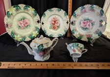 Antique RS Prussia 5Pc Tea Set, Carnation Mold Teapot Cup, 3 Maple Leaf Plates