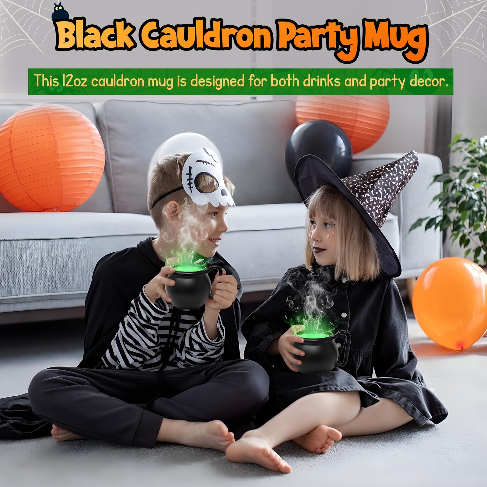 12 Black Cauldron Mugs Set Halloween Drinkware BPA-Free Plastic Witch Party F...