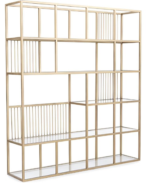 Modernes BüCherregal Mit Goldfarbenem Metallrahmen Und GlasböDen-image