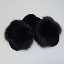 Black fur slippers, Fox - Sheepskin slides, Luxury Fur Slippers, Fur Slides