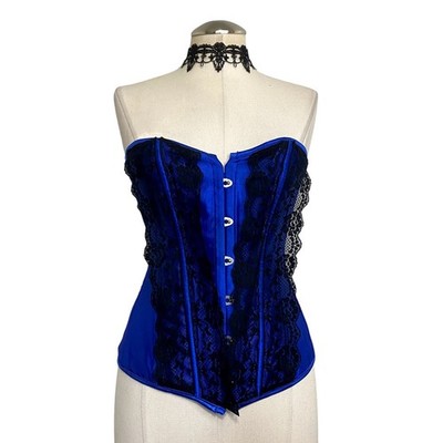 Custom Reworked Diy Lace Satin Blue Gothic Romantic Vamp Overbust Corset Sz S