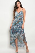 Blue Paisley High Low Maxi Dress Size Medium Chiffon Faux Suede Straps