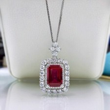 2.50 Ct Emerald Cut Red Ruby Diamond Halo Pendant 14k White Gold Finish