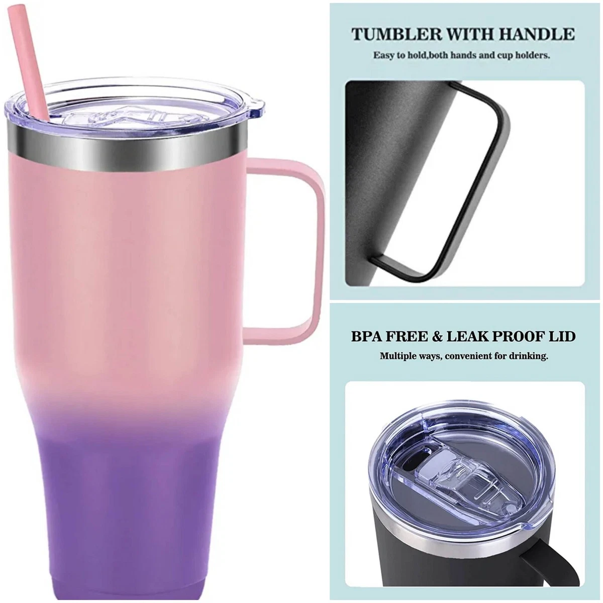 Insulated Travel Mug Tumbler with Handle.40 oz Coffee Tumbler with Lid and  Straw