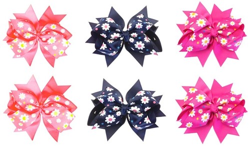 Pack of 6 & 12 Girls Flower Printed Grosgrain Ribbon Double Layer Big Hair Bows - Picture 9 of 13