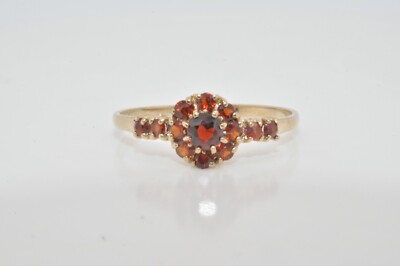 Kleiner Vintage Granat Cluster Ring 9 kt Gold Größe O London 1980