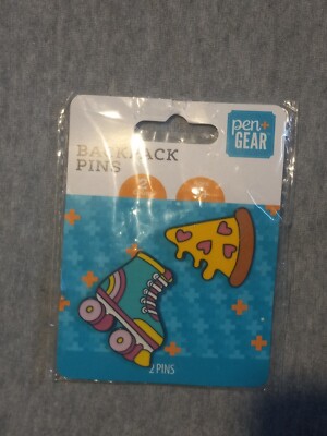 Two Pen Gear Backpack Enamel Pins Roller Skate and Pizza Slice