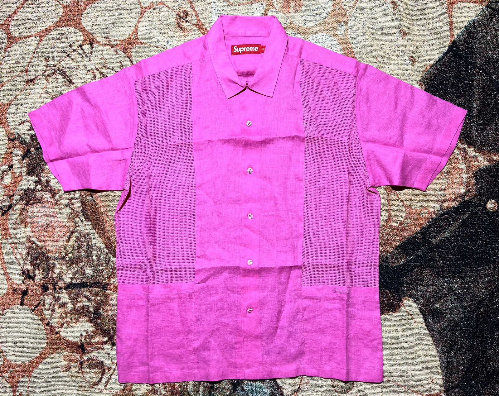 Supreme Mesh Panel Linen S/S Shirt Pink Size Medium Brand New
