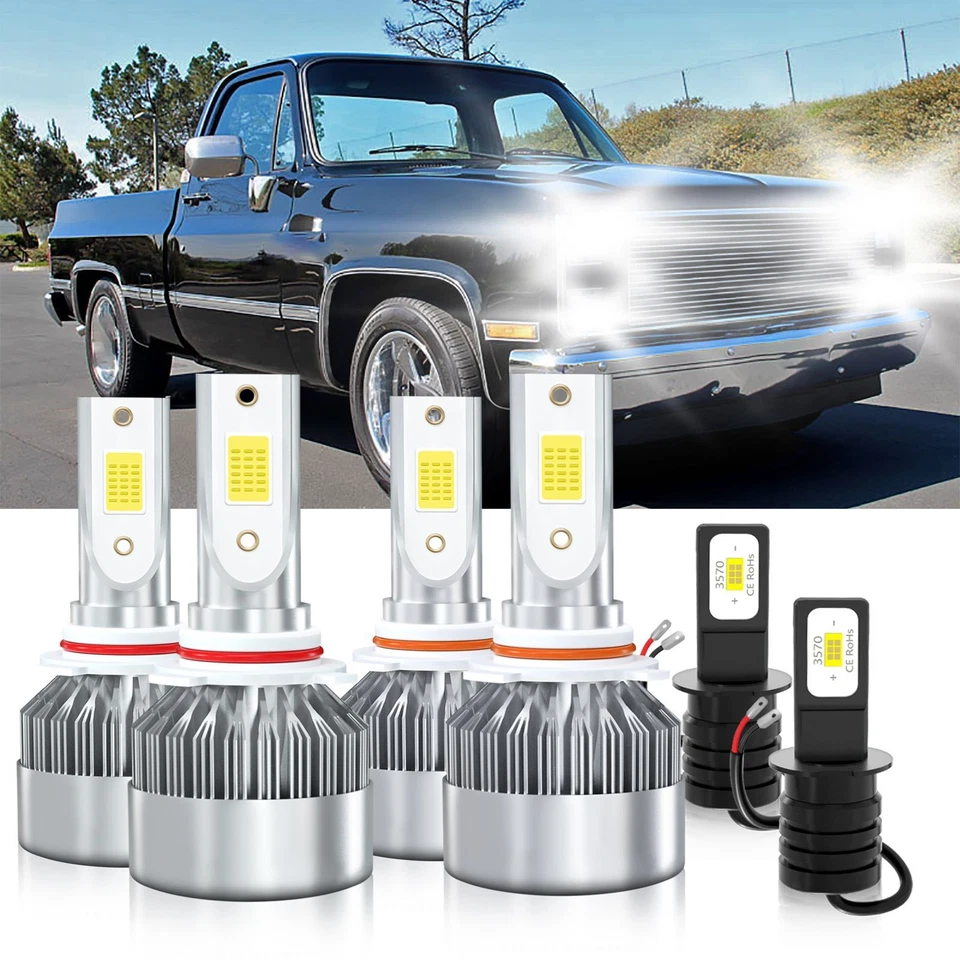 For GMC R3500 1988-1991 Combo LED Headlight Kit High Low Fog Light Bulbs 6000K - Image 2 of 4