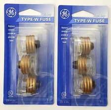 Lot of 2 Packs of 3 General Electric Type W 30 Amp 125V Glass Fuses Edison Base