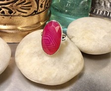 Genuine 925 Sterling Silver Boho Style Large Pink Striped Agate Gemstone Ring