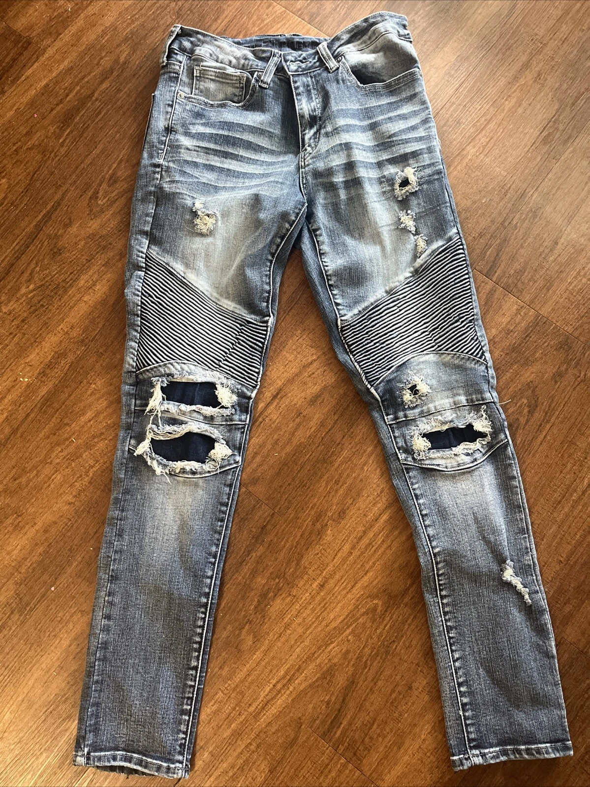Jean Rue 21 Premium Skinny Supreme Flex Homme 30/32 Moto Logo Distressed Bleu