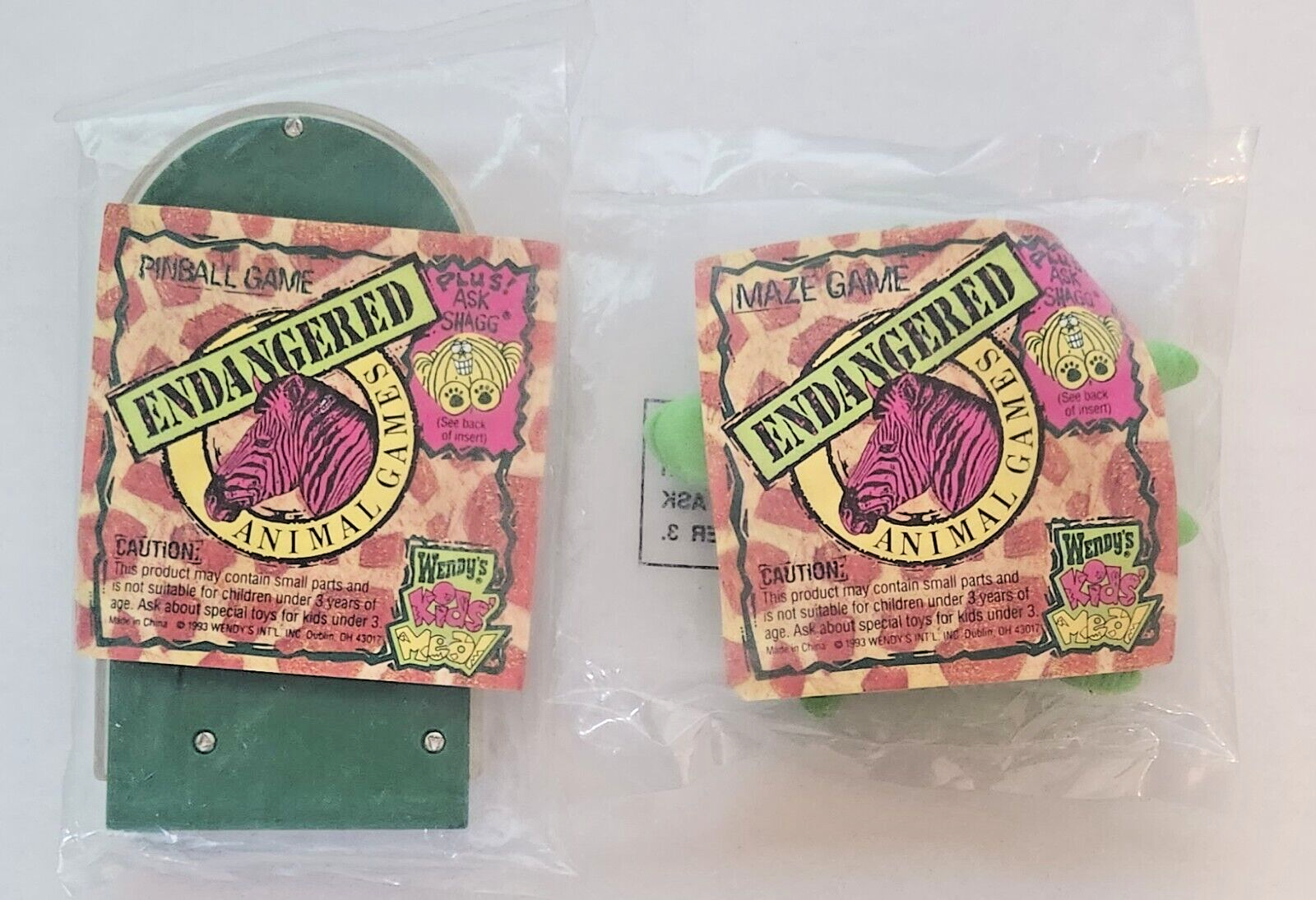 Wendy's Kids Meal, PINBALL &amp; TURTLE MAZE, Endangered Animal Games, Sealed, 1993