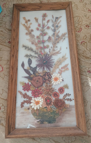 Vtg Real Dried Flowers Bouquet on Painted Canvas Wooden Framed Wall Art OOAK 30"