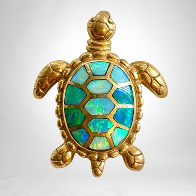 Idaho Opal & Gem Corp. Sea Turtle 14k Solid Gold Opal Inlay Pendant 8g 1.25''