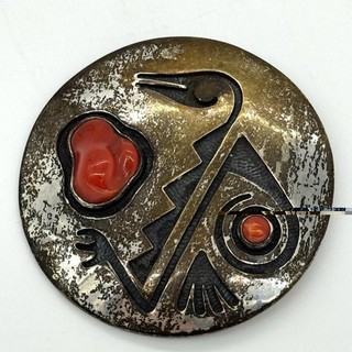 Victor Coochwytewa Hopi Sterling Silver Coral Deep Stamps Pin