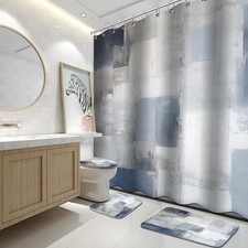 4 PCS Bathroom Shower Curtain Set with Rugs Blue Grey Abstract Decor