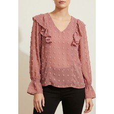 Womens Pink Textured Swiss Dot Ruffle V Neck Long Sleeve Blouse Top small
