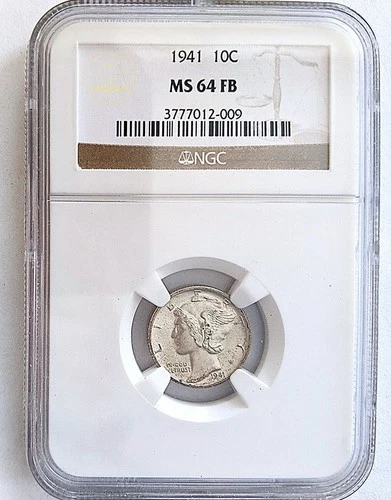 1941  SILVER Mercury Dime, 10C MS 64 NGC FB Fulll Bell Certified Coin, Gem