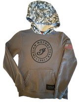 Indian Motorcycle Men  s Hoodie Small Brown Pullover Camo Hood USA Flag Patch