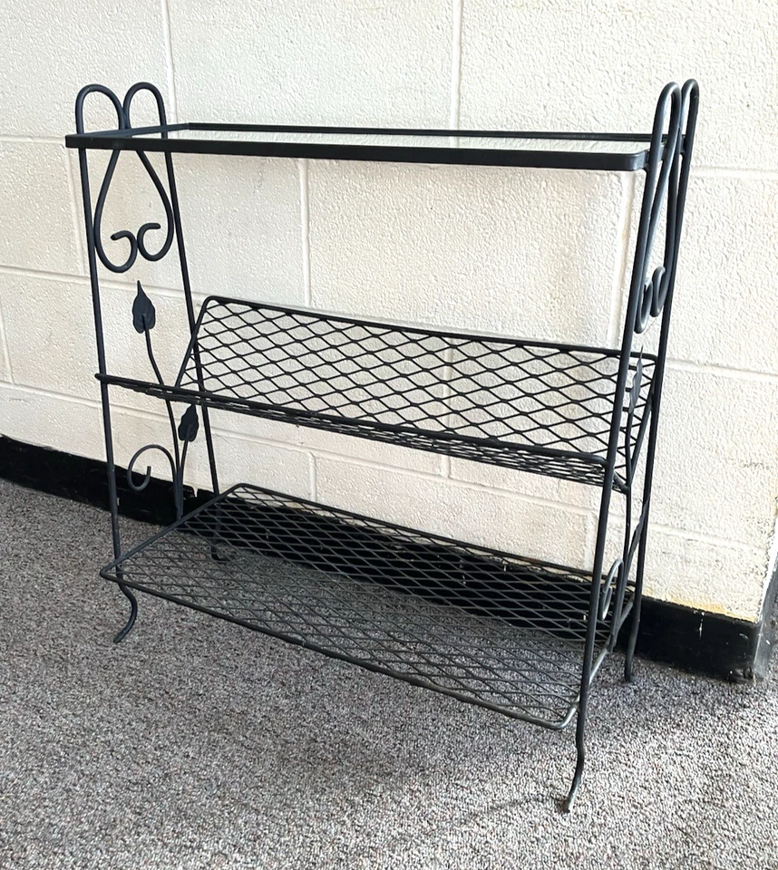 Estante de hierro forjado vintage de 3 niveles soporte para plantas exhibición horquilla superior de vidrio mcm Foto 3 de 4