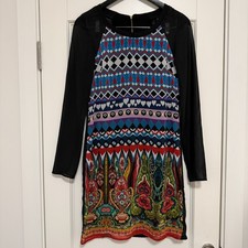 Desigual Dress 38 Black Dami Geometric Floral Shift Long Sleeve Boat Neck Folk