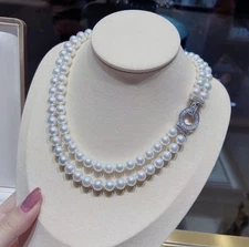 Double Strands AAA+ 8-9mm Natural Akoya White Pearl Necklace 18 Inch 925s