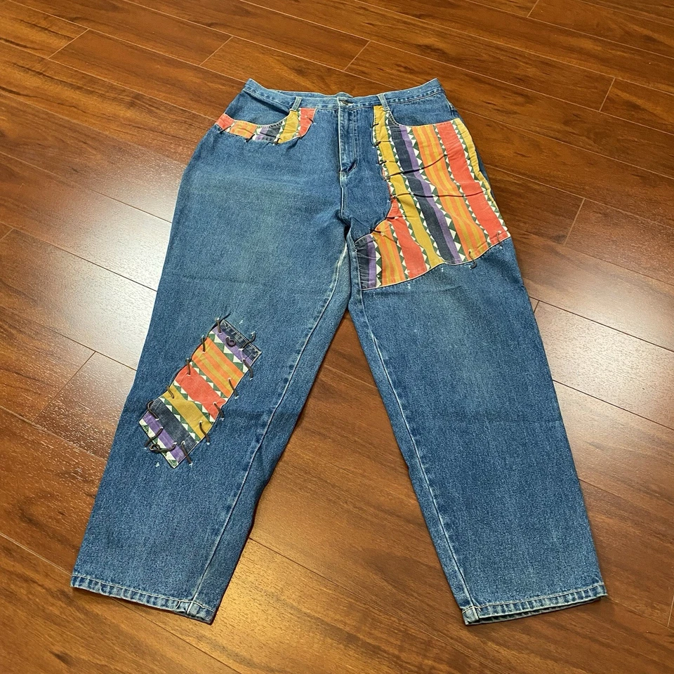 Pantalones de mezclilla para mujer I Love Zana Di de los 90 con retazos de cuero y puntada talla 34x30 Foto 4 de 4