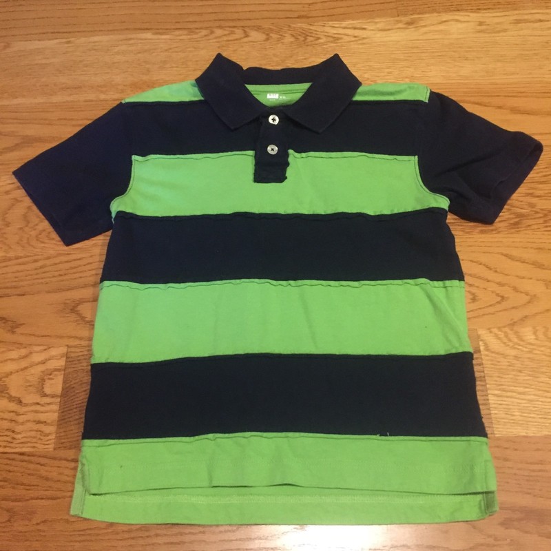 GAP Boys Navy Blue Green Striped Shirt Polo Short Sleeve Rough Edge Trim Size XS