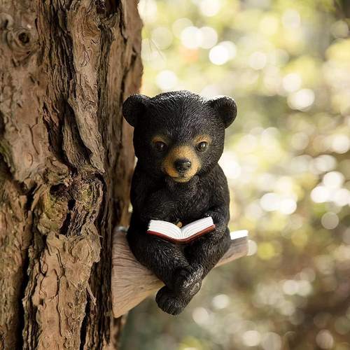 Sitting Bear Tree Hugger with Solar LED Light, Cute Bear Reading Book Garden Sta