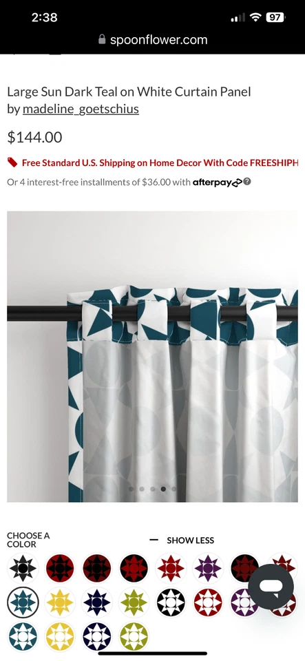 New spoonflower curtain large sun dark teal on white 50 x 96in 2 panels - Image 4 of 4