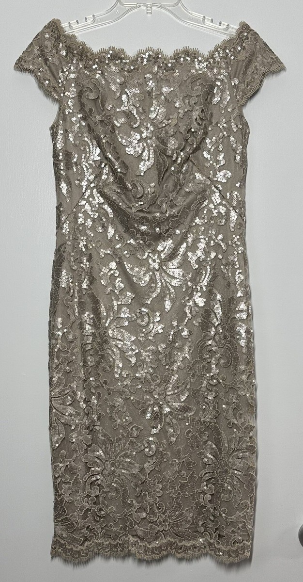 Tadashi Shoji Sequin Lace Evening Dress Nude Off Shoulder Old