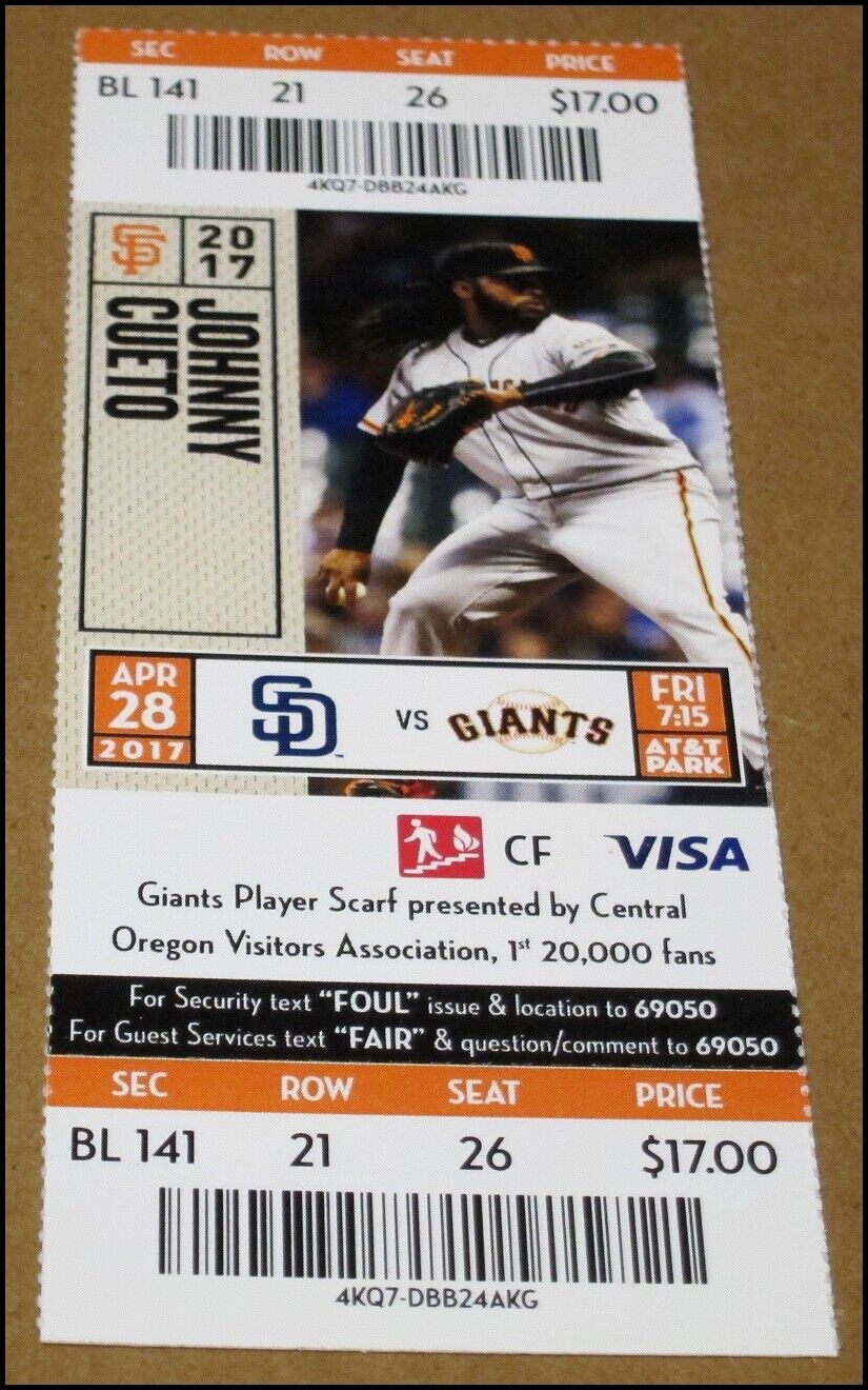 4 28 17 San Francisco Giants Vs San Diego Padres Ticket Johnny Cueto At T Park Ebay