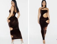 PRETTYLITTLETHING Shape Chocolate Brown Velvet Cut Out Side Midaxi Dress Size 10