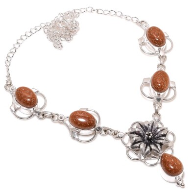 Red Goldstone Gemstone Handmade 925 Sterling Silver Jewelry Necklace Size 18''
