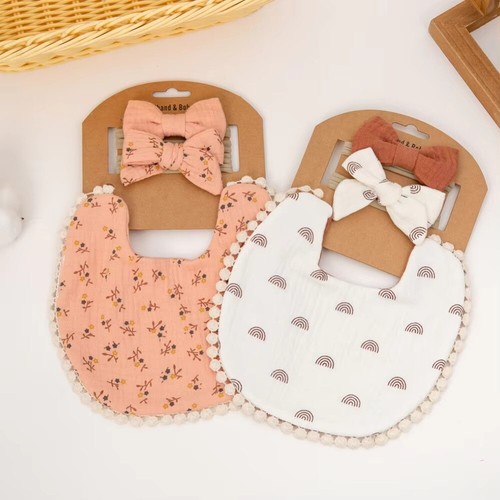 3Pcs/Set Flower Pattern Bow Nylon Hairbands Double Side Saliva Towel Boys Girls