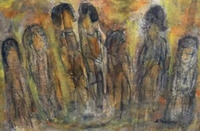 Vintage MCM Figural Watercolor Painting Mid Century Modern Art Signed Wallens