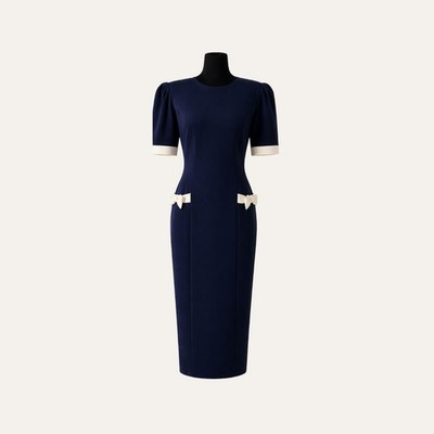 Vintage Navy Wiggle Dress Bow Detail Petite 10 Midi Cocktail USA